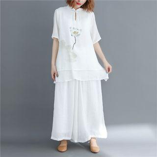 Set: Elbow-sleeve For Buttoned Top + Wide-leg Pants
