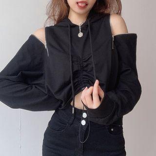 Plain Zipper Off-shoulder Long-sleeve Sweatshirt