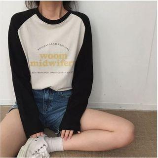 Raglan Long-sleeve Printed Top Black - One Size