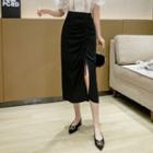 Drawstring Shirred Slit Midi A-line Skirt