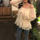 Off-shoulder Long-sleeve Chiffon Top Almond - One Size