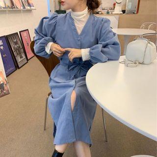Lantern-sleeve Tie Waist Plain Single Breasted Dress / Turtle Neck Plain Top