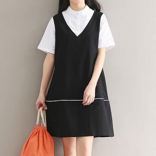 Color Block Short-sleeve Mock Two-piece Dress