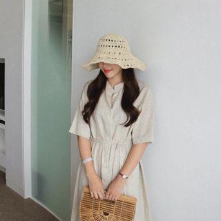 Elbow-sleeve Linen-blend Shirt Dress