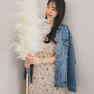 Faux-pearl Embellished Distressed Denim Jacket