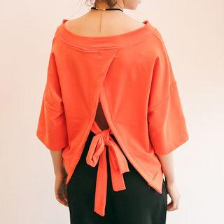 Elbow-sleeve V-neck Tie-back T-shirt Black - One Size