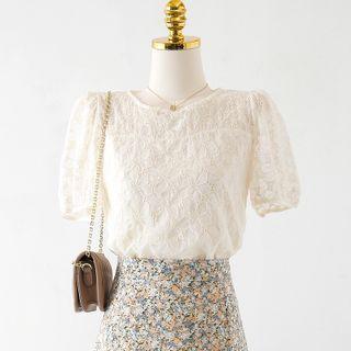 Round-neck Plain Embroider Oversize Blouse