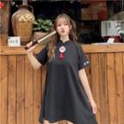 Short-sleeve Embroidered A-line Mini Dress Black - One Size
