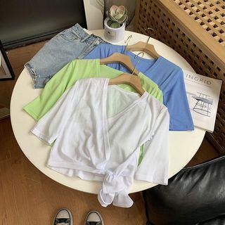 Short-sleeve Cropped Wrap Blouse