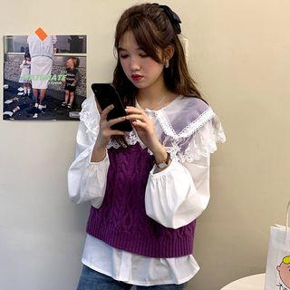Lace-collar Balloon-sleeve Blouse / Cable Knit Vest