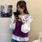 Lace-collar Balloon-sleeve Blouse / Cable Knit Vest