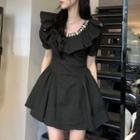 Puff-sleeve Ruffle A-line Dress Black - One Size