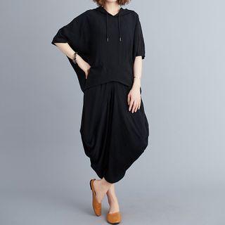 Set: Elbow-sleeve Hoodie + Wide-leg Capri Pants