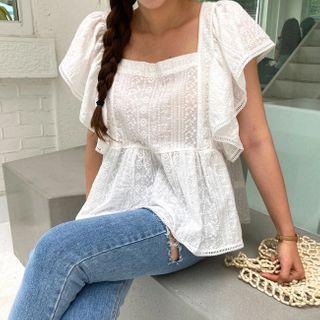 Tie-back Ruffle-sleeve Blouse Ivory - One Size