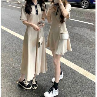 Elbow-sleeve Polo-neck Mini A-line Dress / Maxi A-line Dress