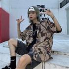 Elbow-sleeve Printed Shirt Khaki - One Size