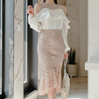 Set: Mesh Panel Could-shoulder Top + Ruffle Hem Lace Midi Skirt