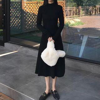Mock-neck Long-sleeve A-line Dress Black - One Size