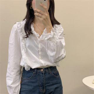 Lace Trim Long-sleeve Plain Blouse White - One Size