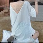 Rhinestone Strap Open-back Elbow-sleeve T-shirt