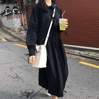 Long-sleeve Collared Midi A-line Dress Black - One Size