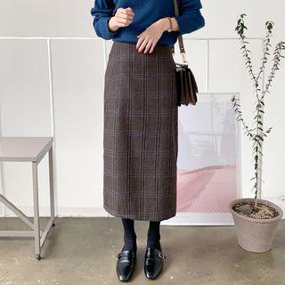 Wool Blend Plaid H-line Midi Skirt Dark Brown - One Size