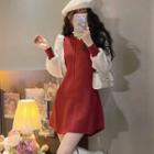 Puff-sleeve Ruffled Ribbed Knit Dress
