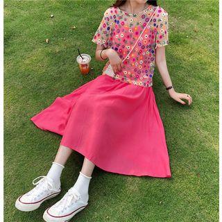 Flower Embroidered Short-sleeve Mesh Top / Plain Spaghetti Strap Midi Dress