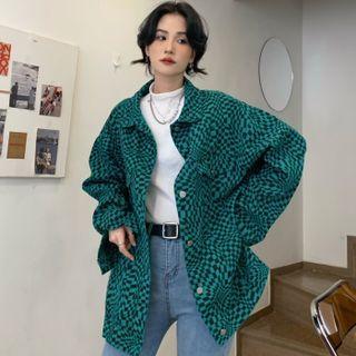 Abstract Checkered Denim Shirt Jacket