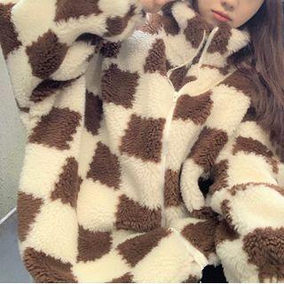 Checkerboard Fleece Zip-up Jacket