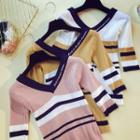 V-neck Stripe Elbow-sleeve Sweater