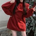 Cold Shoulder Bow Sweater Red - One Size