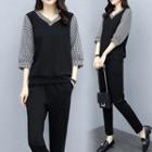 Set: 3/4-sleeve Checked Paneled Blouse + Tapered Pants