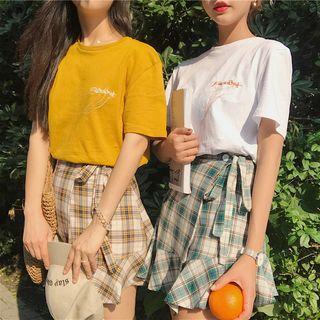 Embroidered Short-sleeve T-shirt / Ruffle Hem Plaid A-line Skirt
