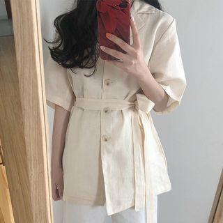 Tie Waist Elbow-sleeve Shirt