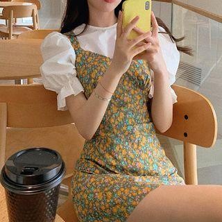 Set: Puff-sleeve Plain Blouse + Floral Mini Overall Dress