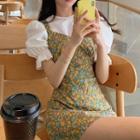 Set: Puff-sleeve Plain Blouse + Floral Mini Overall Dress