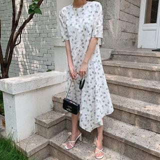 Asymmetric-hem Floral Print Dress White - One Size