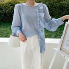 Frilled Long-sleeve Blouse / Plain Loose-fit Cropped Pants