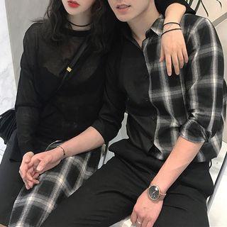 Couple Matching Plaid Panel Shirt / High Waist A-line Skirt