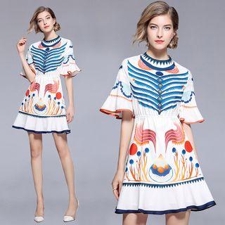 Printed Elbow Sleeve A-line Dress