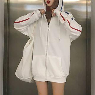 Couple Matching Contrast-trim Zip Hooded Jacket White - One Size