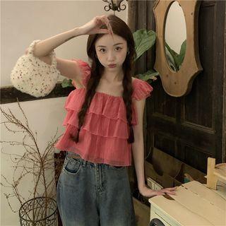 Square-neck Ruffled Top Neon Pink - One Size