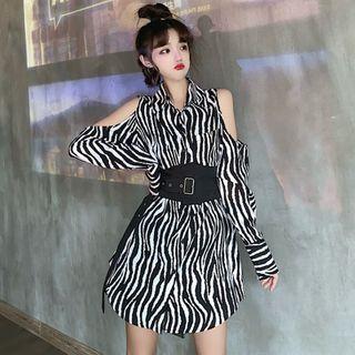 Long-sleeve Cold Shoulder Zebra Print Shirt / Wide Belt
