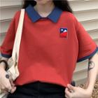 Elbow-sleeve Mock Two-piece Embroidered Polo Shirt