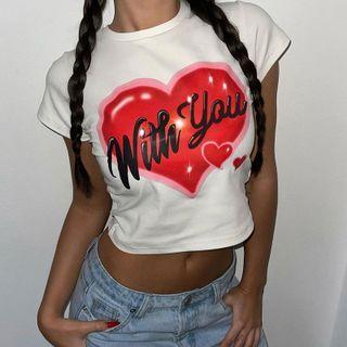 Short Sleeve Lettering Heart Print Crop Top