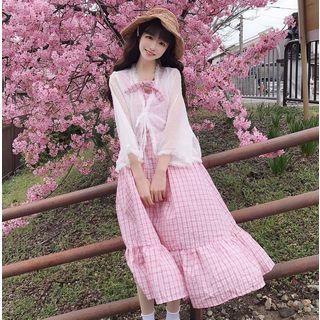Plaid Wide-strap A-line Midi Dress / Chiffon Jacket