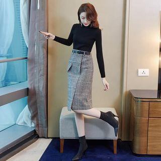 Set: Long-sleeve Mock Neck Knit Top + Plaid A-line Skirt
