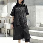 Plain Elbow-sleeve Midi Shirt Dress Black - One Size