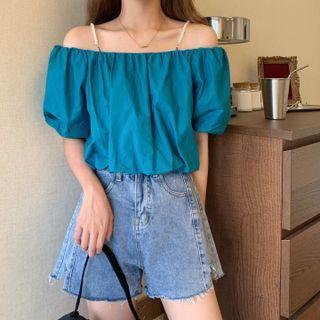 Faux Pearl Cold-shoulder Cropped Blouse